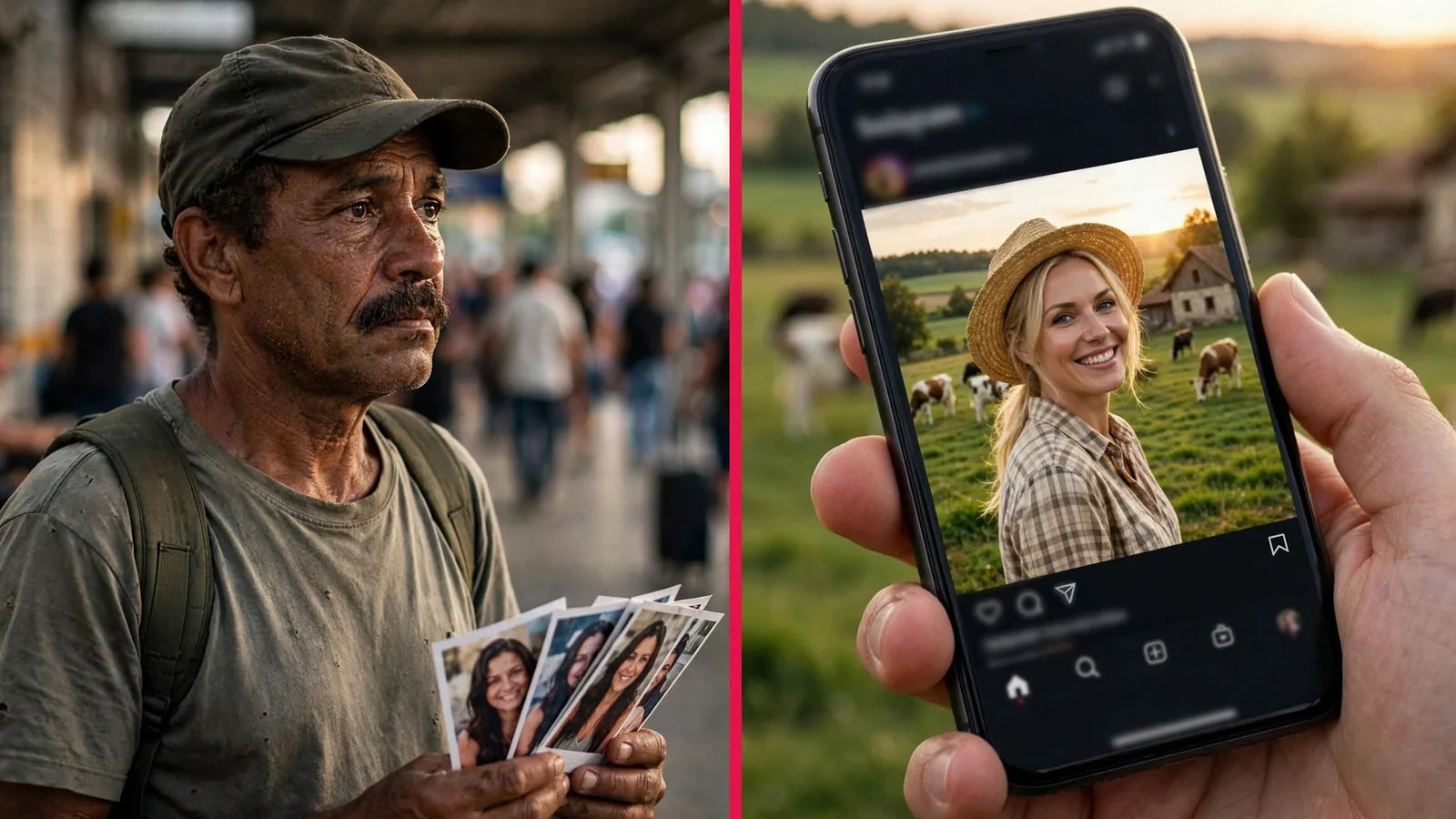 Un hombre con fotos impresas en una estación de autobuses y un móvil con el perfil de una granjera en Instagram