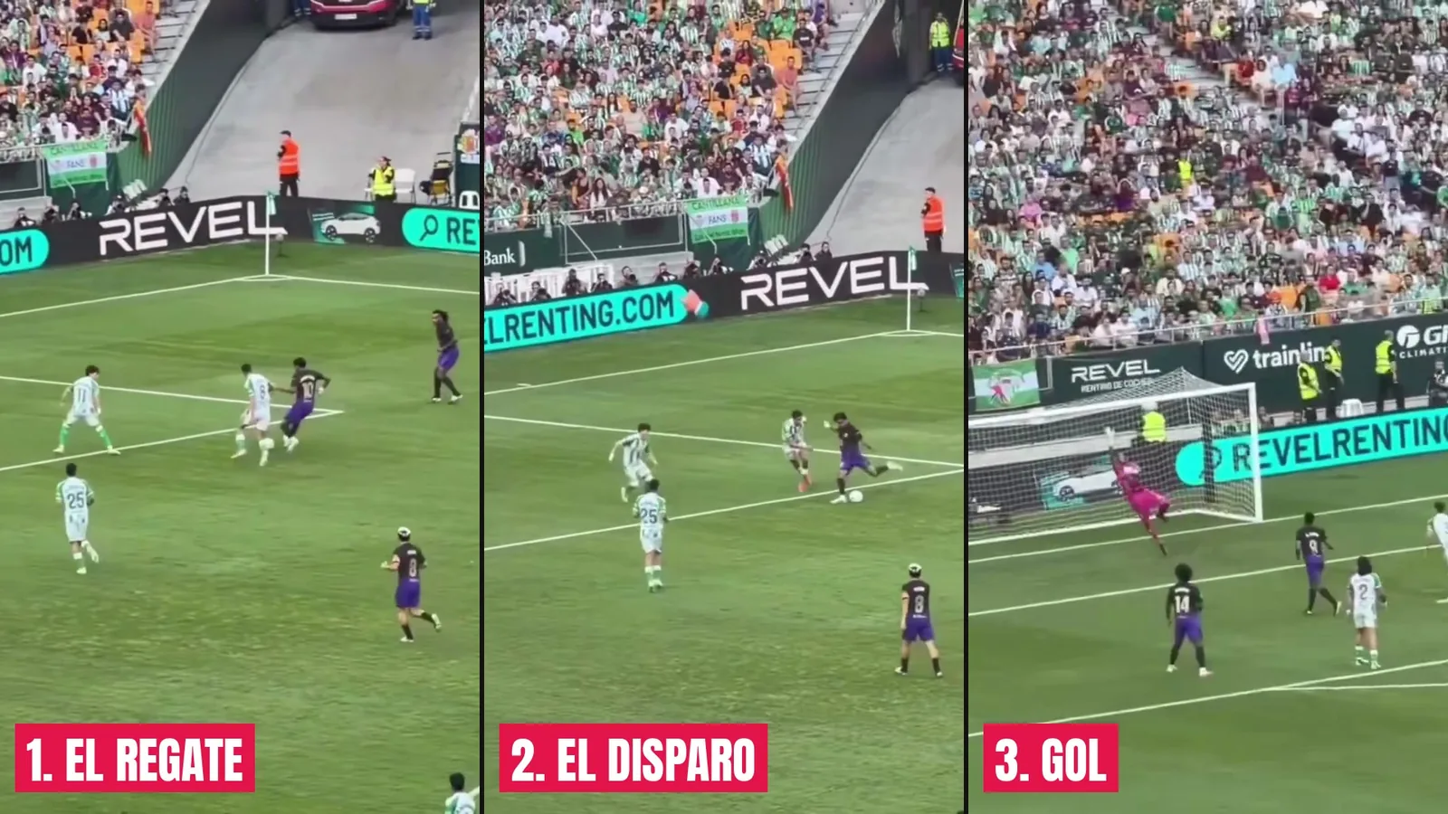 Regate, disparo y gol de Lamine Yamal ante el Betis en La Cartuja