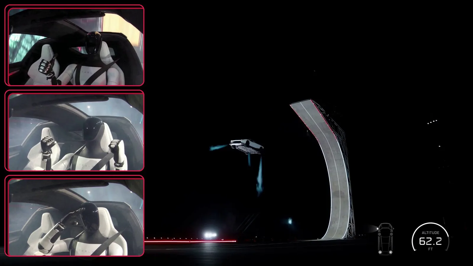 El Tesla Roadster en el aire tras la rampa y, en tres recuadros, el robot Optimus al volante: pulgar arriba, puños en alto y mano en la frente