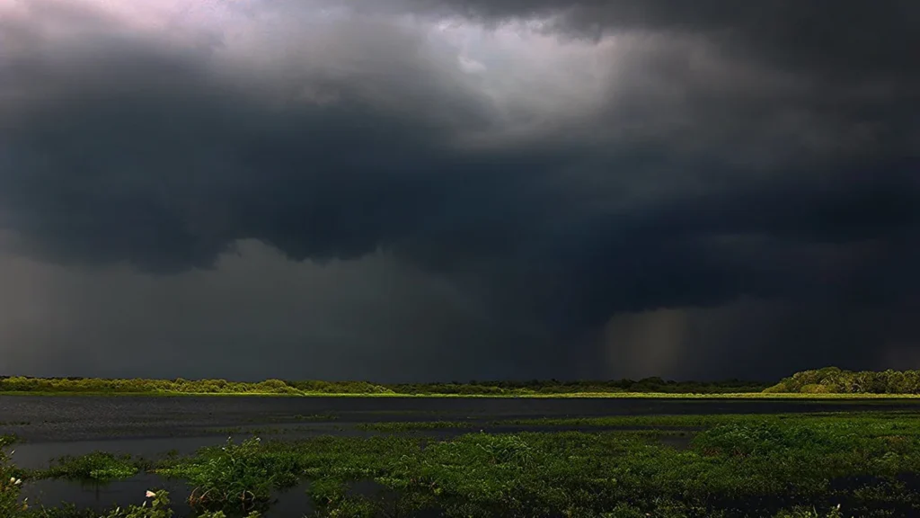 Nube de tormenta descargando una cortina de lluvia torrencial