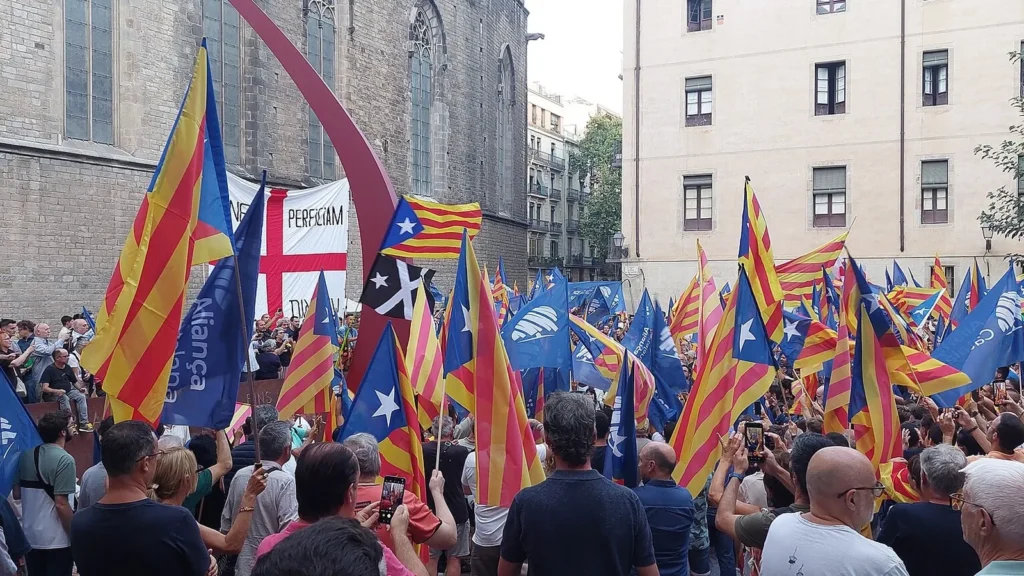 Simpatizantes de Aliança Catalana con banderas en el Fossar de les Moreres