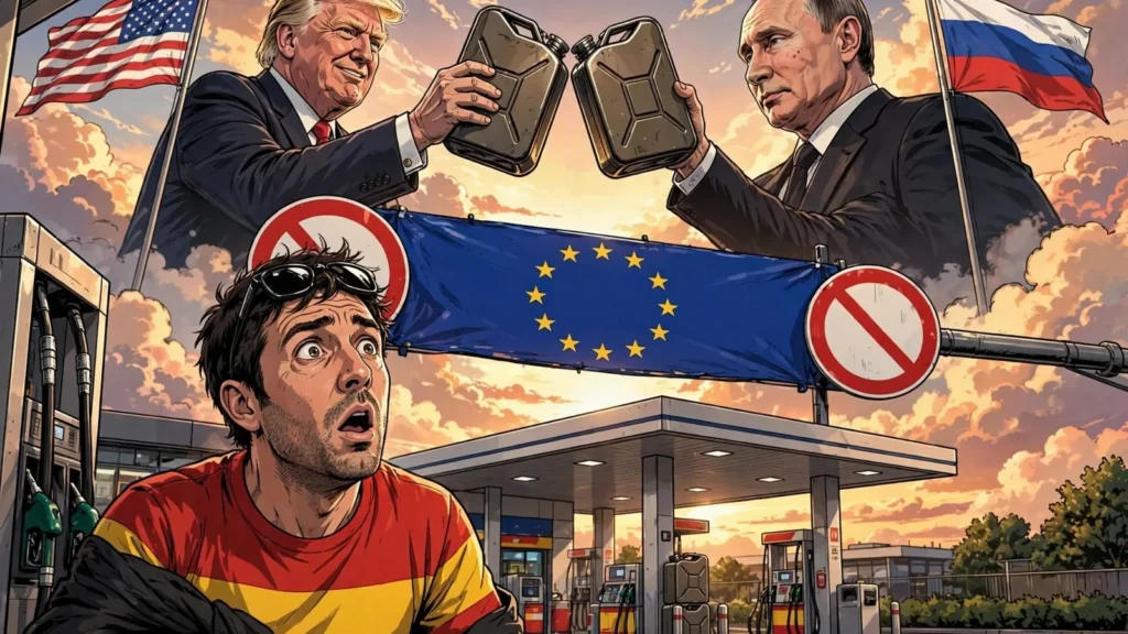 Ilustración: Trump y Putin brindan con bidones de gasóleo junto a las banderas de EE. UU. y Rusia; una barrera con la bandera de la UE los separa de una gasolinera donde un conductor español mira sorprendido