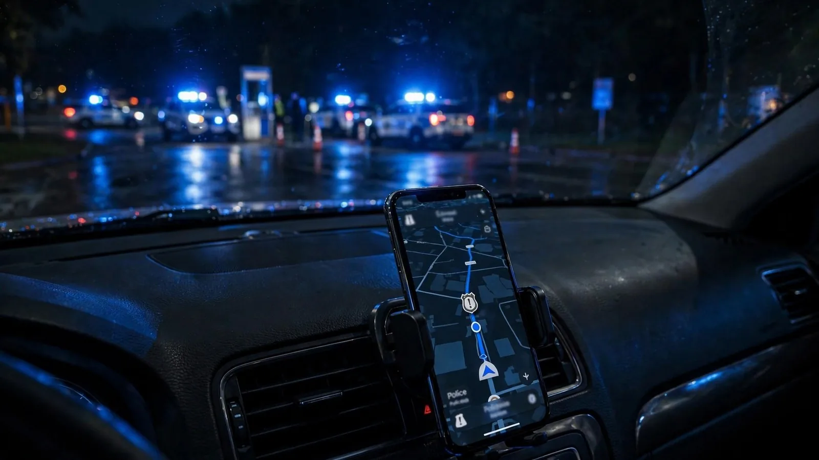 Móvil con un mapa de navegación en el salpicadero de un coche y un control policial al fondo