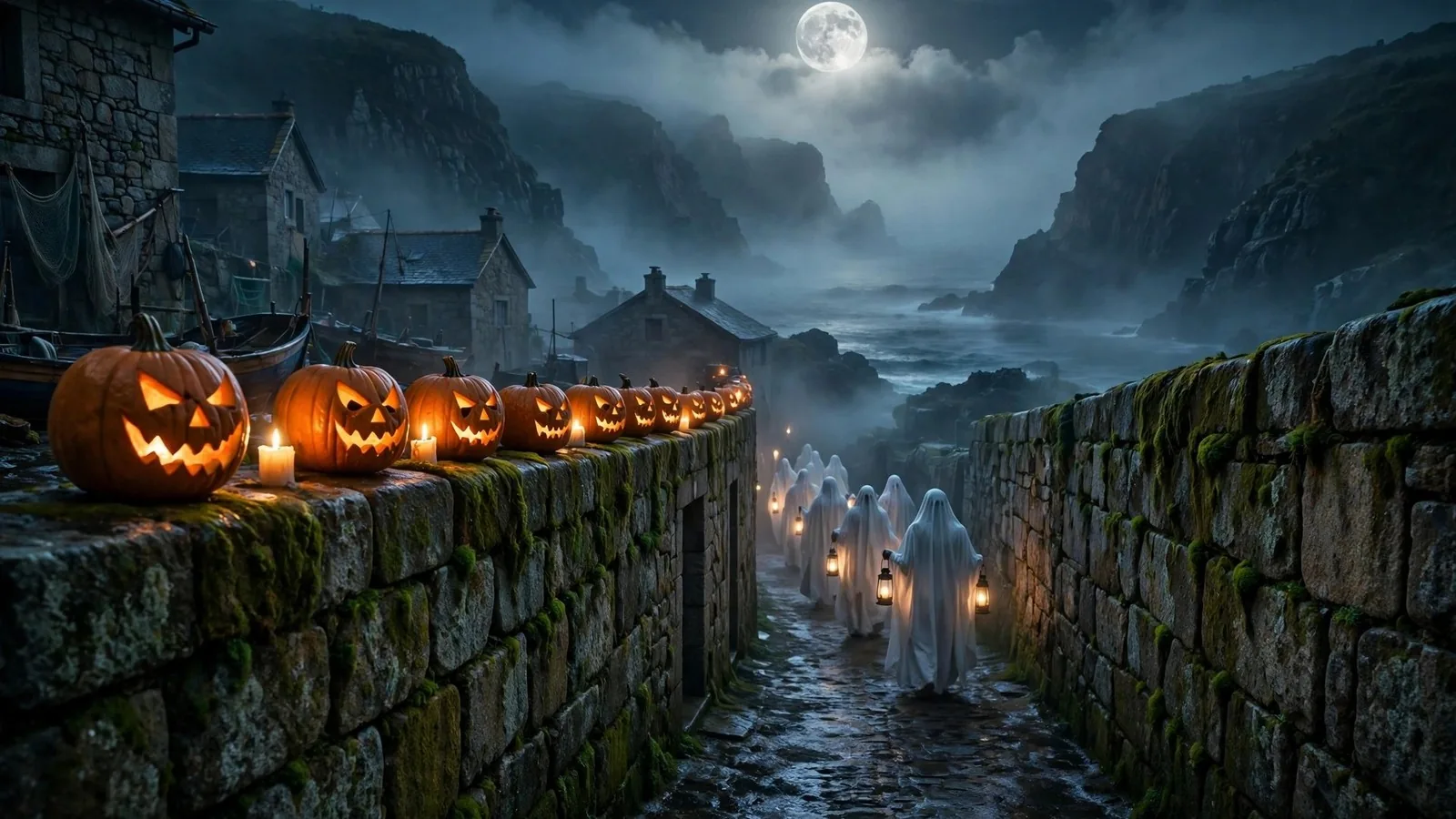 Calabazas talladas con velas sobre un muro de piedra y una procesión de fantasmas con farolillos en un pueblo marinero de noche