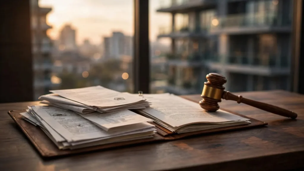 Documentos judiciales y un mazo de juez sobre una mesa de despacho, con edificios de viviendas al fondo desenfocados