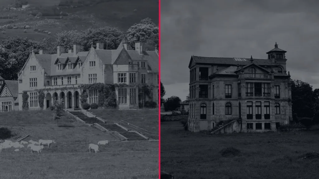 Montaje de dos mansiones antiguas en blanco y negro bajo un cielo gris, separadas por una línea roja