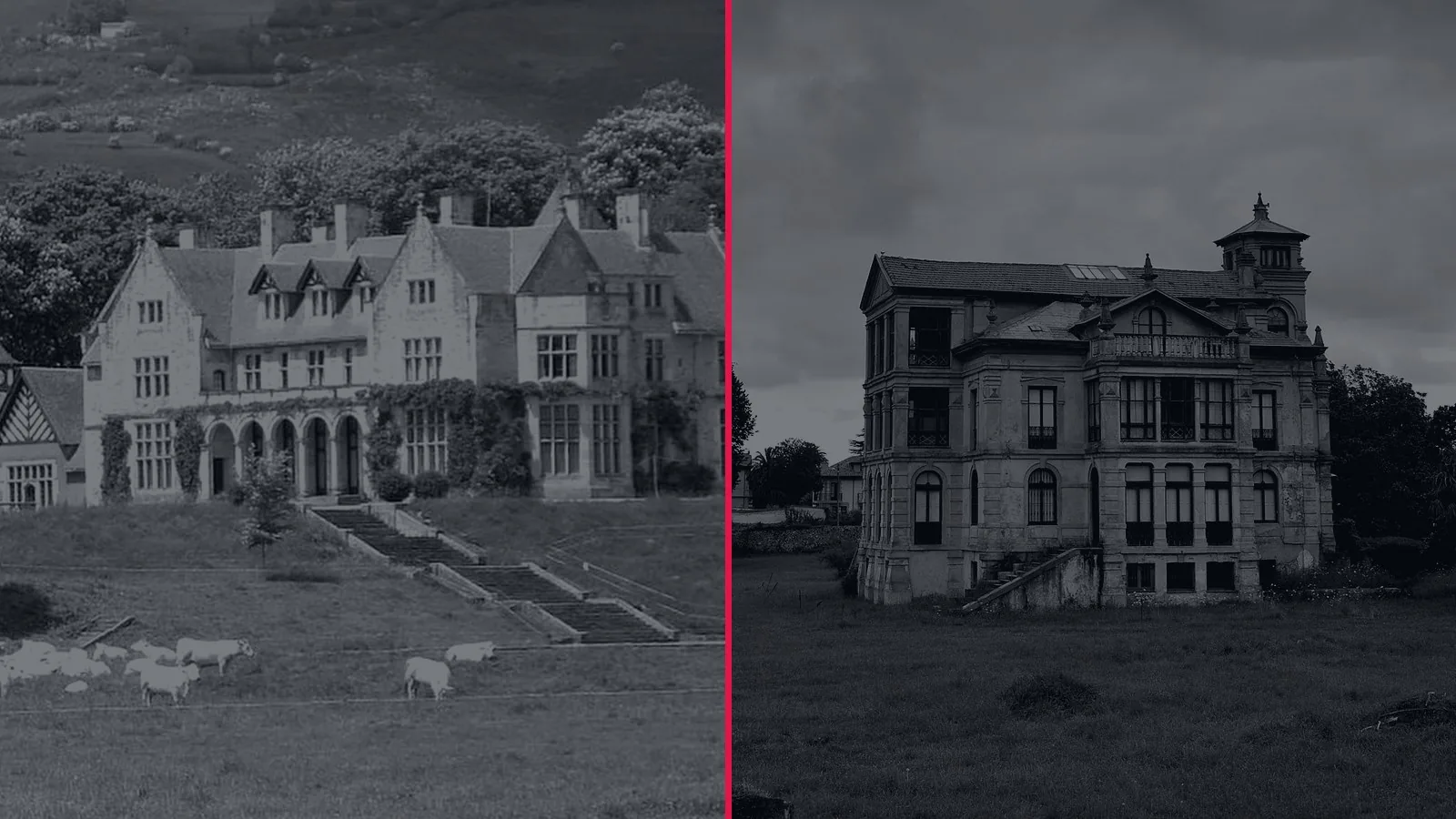 Montaje de dos mansiones antiguas en blanco y negro bajo un cielo gris, separadas por una línea roja