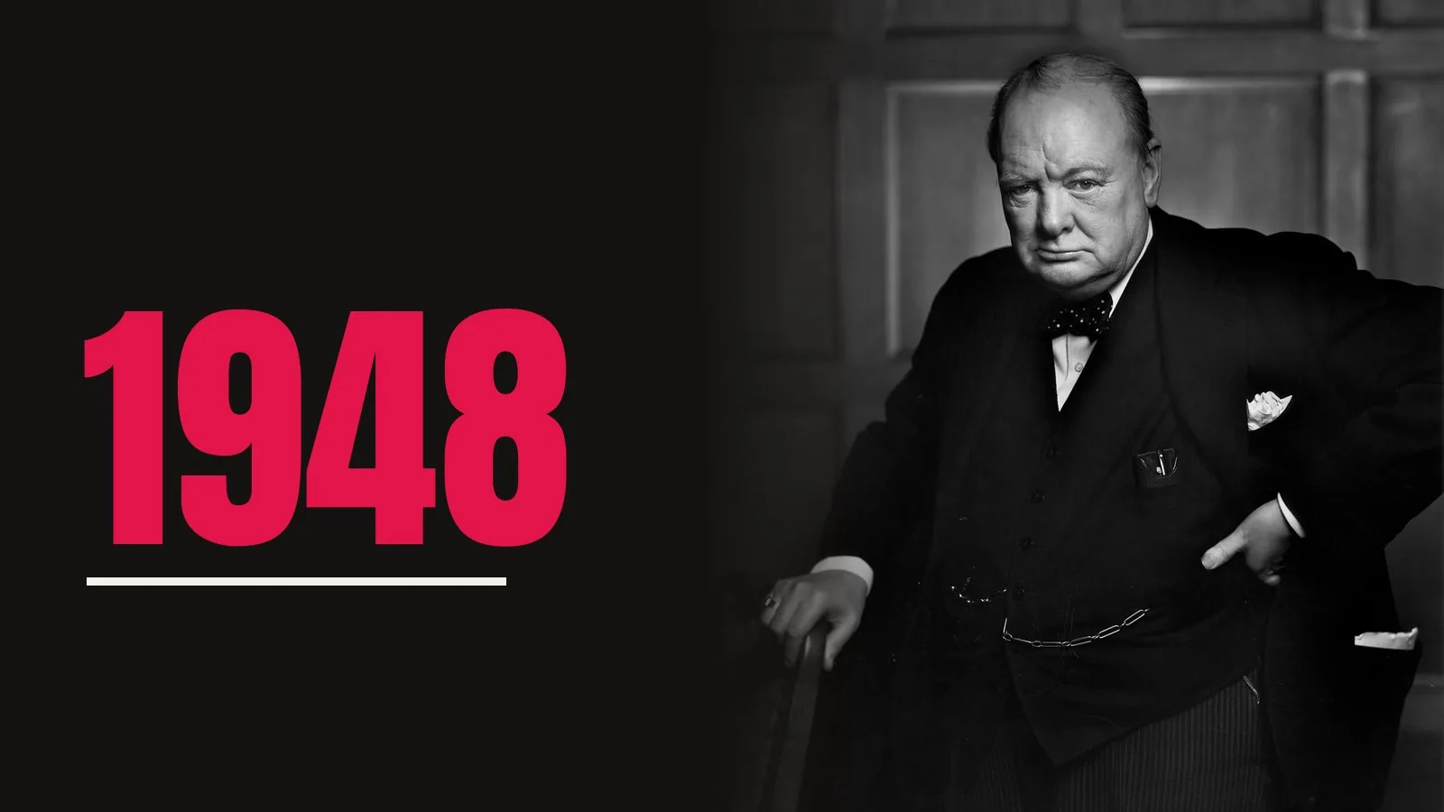 Retrato en blanco y negro de Winston Churchill con gesto serio, junto a la cifra 1948 en rojo