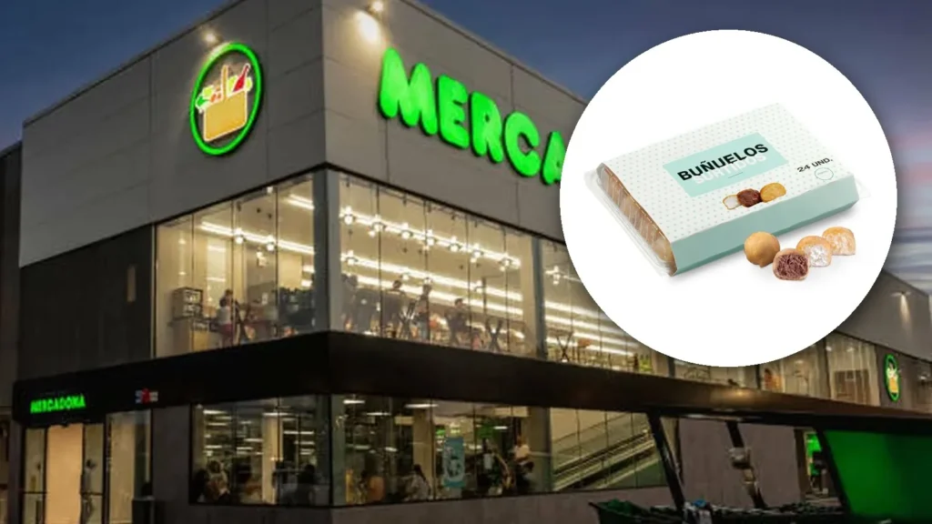 Fachada de un supermercado Mercadona y, en un círculo, una bandeja de buñuelos surtidos