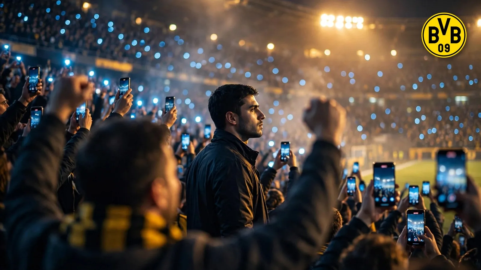 Aficionado sin móvil mirando al campo entre cientos de pantallas encendidas en la grada de un estadio de noche, con el escudo del Borussia Dortmund