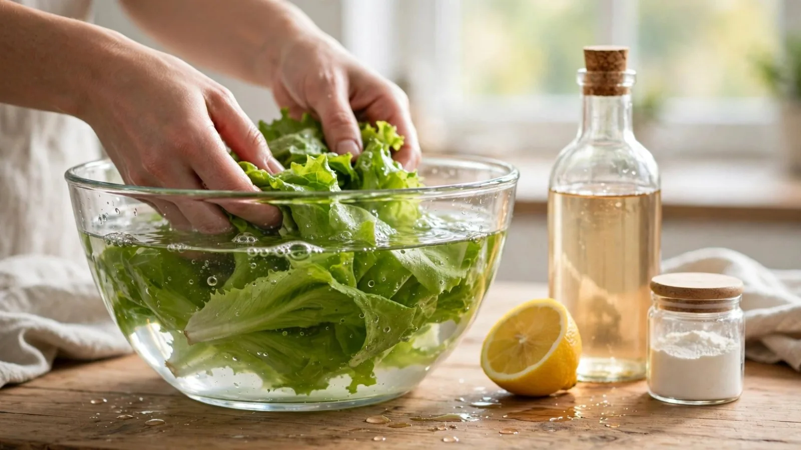 Manos lavando hojas de lechuga en un bol de cristal junto a vinagre, limón y ácido cítrico
