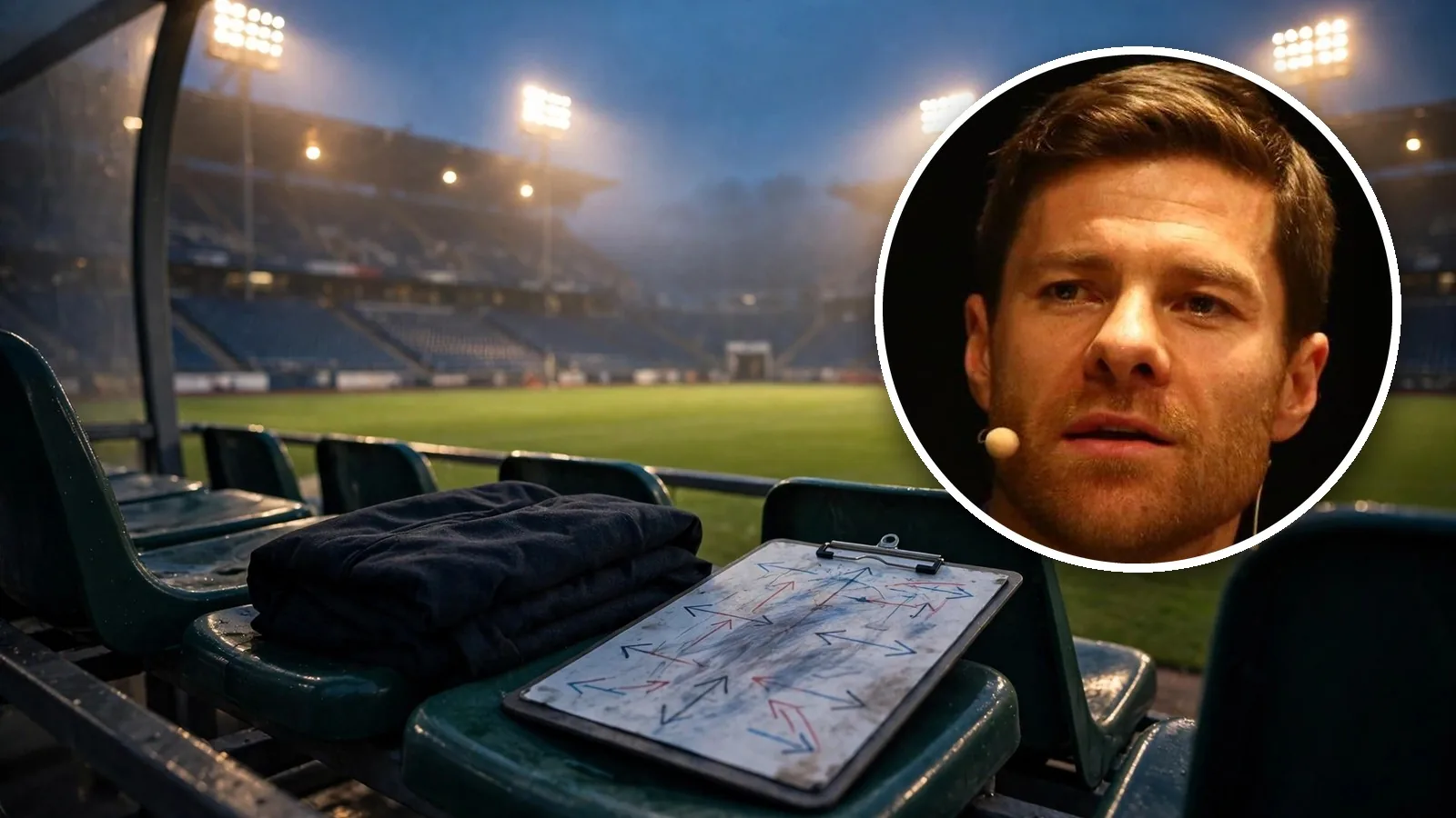 Banquillo vacío de un estadio iluminado de noche con una chaqueta doblada y una pizarra táctica; en un círculo, el rostro de Xabi Alonso