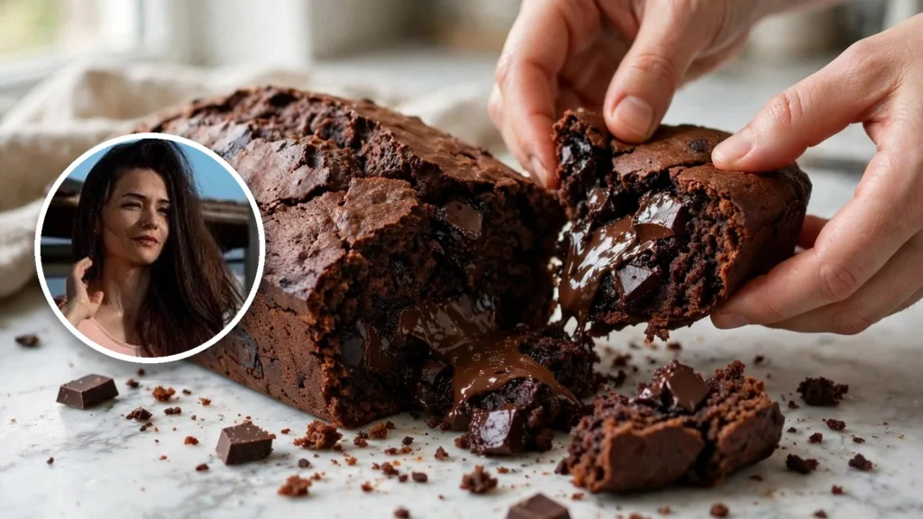 Bizcocho de chocolate partido con las manos y, en un círculo, la cocinera Cristina Fernández, de Petit Fit