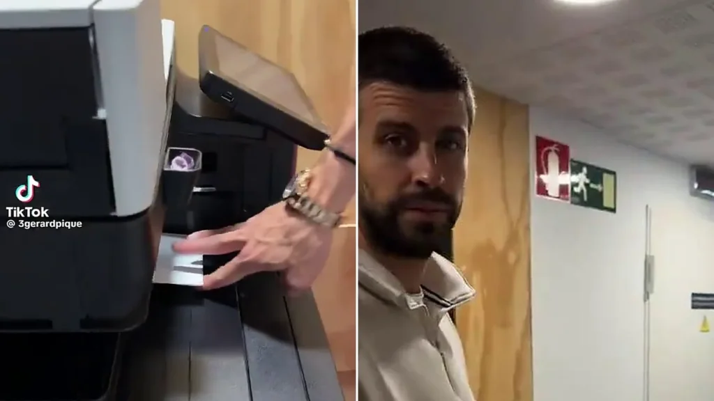 Montaje: a la izquierda, una mano con reloj dorado recoge una hoja de una impresora de oficina; a la derecha, Gerard Piqué mira a la cámara en un pasillo
