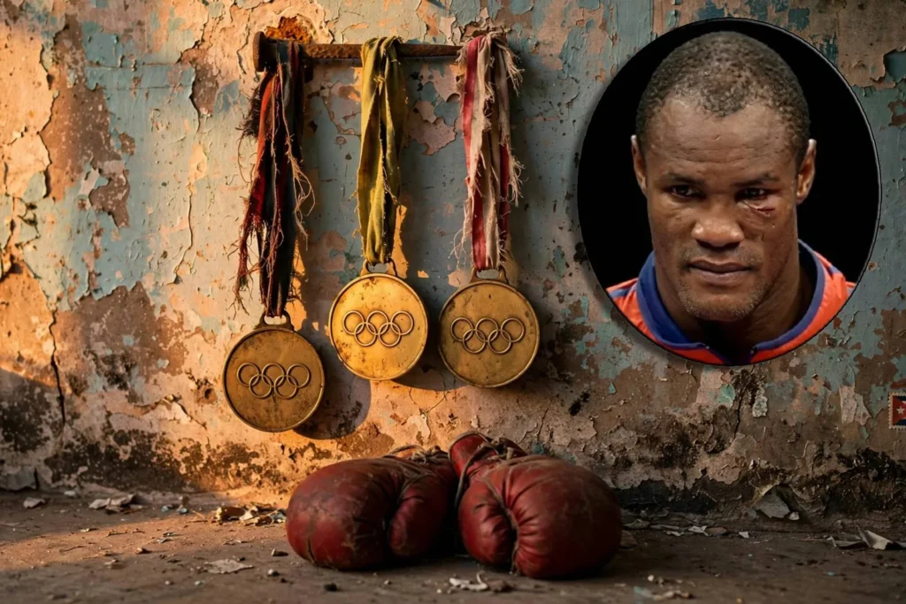 Tres medallas de oro olímpicas y unos guantes de boxeo viejos, con Félix Savón en un círculo