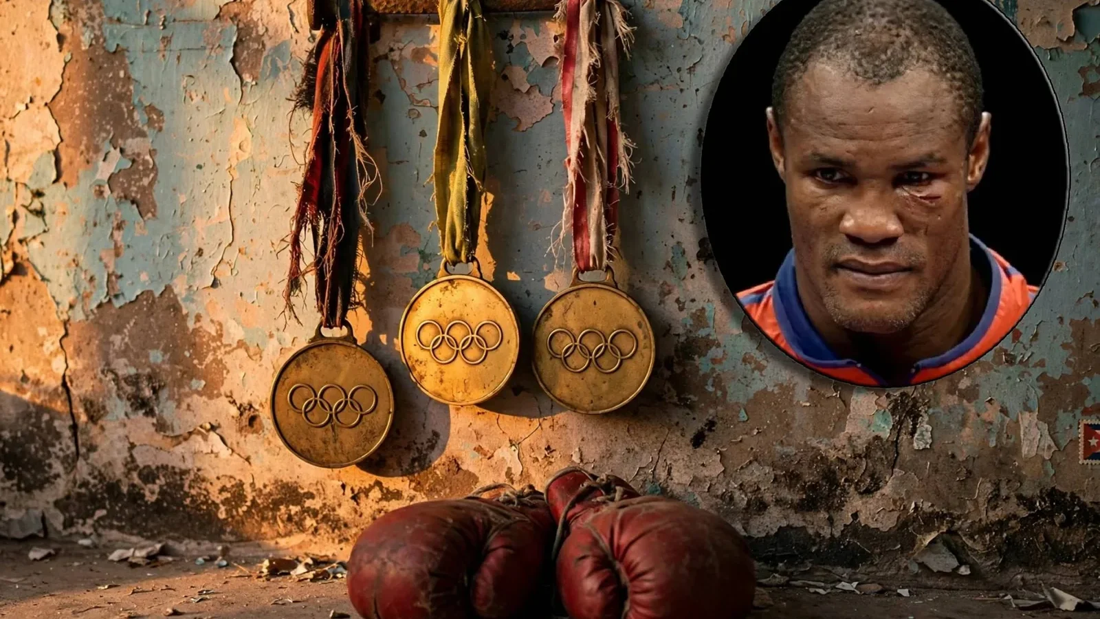 Tres medallas de oro olímpicas y unos guantes de boxeo viejos, con Félix Savón en un círculo