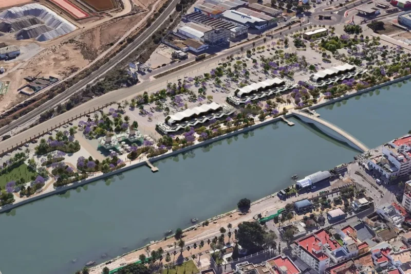 Recreación aérea del proyecto RioMarina junto al río Guadalete en El Puerto de Santa María