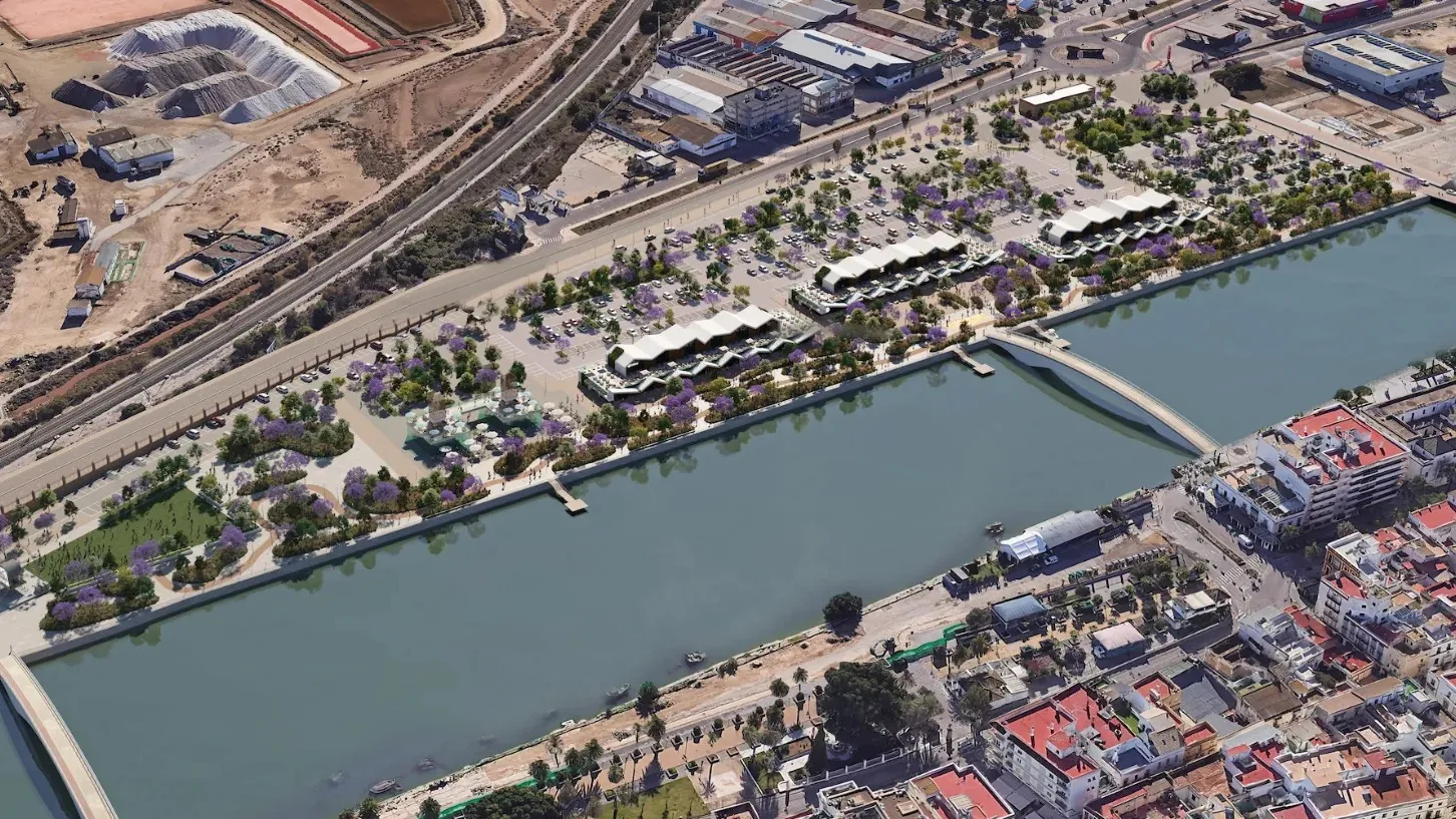 Recreación aérea del proyecto RioMarina junto al río Guadalete en El Puerto de Santa María