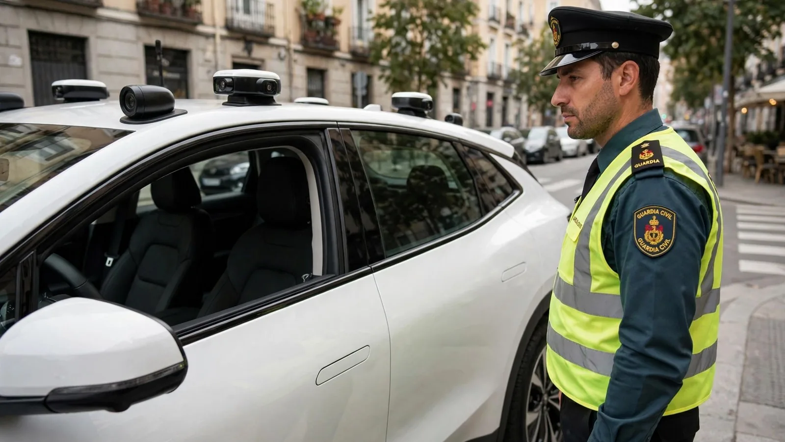 Un agente de tráfico junto a un coche eléctrico blanco con sensores en el techo y el asiento del conductor vacío en una calle de Madrid