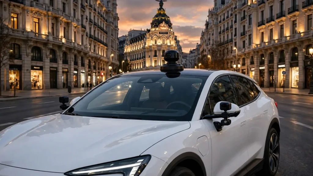 Coche eléctrico blanco con sensores y cámaras en el techo en la Gran Vía de Madrid al atardecer, con el edificio Metrópolis al fondo