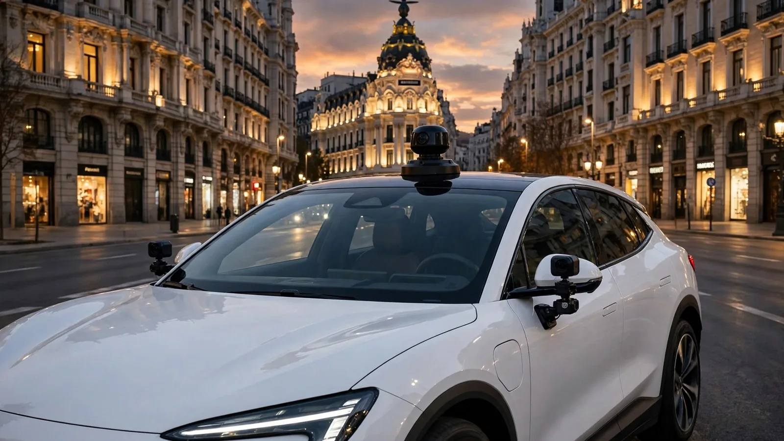 Coche eléctrico blanco con sensores y cámaras en el techo en la Gran Vía de Madrid al atardecer, con el edificio Metrópolis al fondo