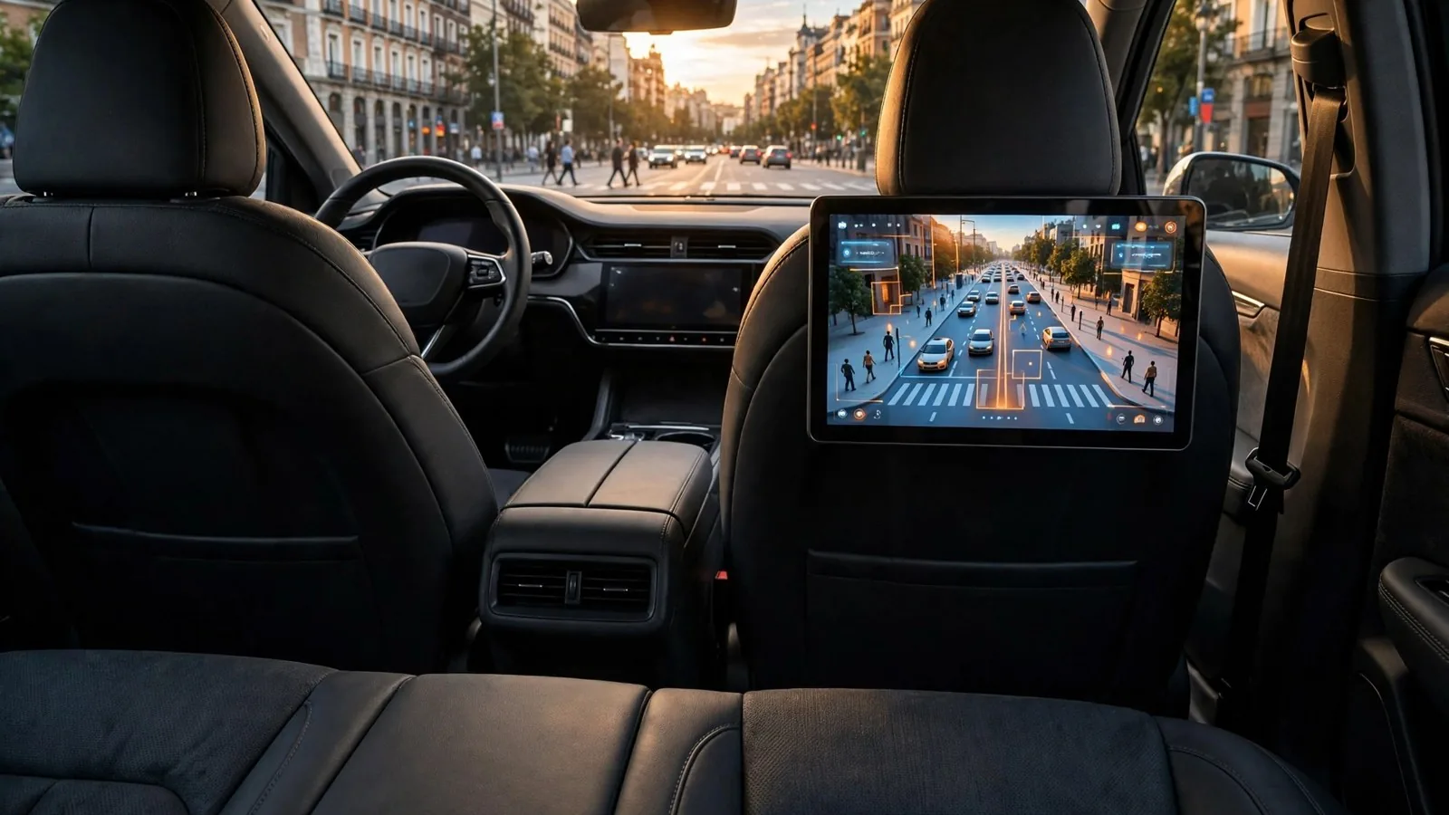 Interior de un coche autónomo visto desde el asiento trasero, con una pantalla que muestra una visualización de la calle y una avenida de Madrid al fondo