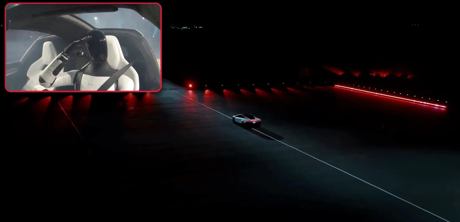 El robot Optimus se lleva la mano a la frente dentro del Tesla Roadster tras aterrizar