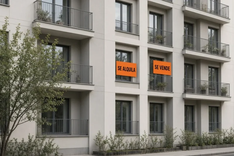 Fachada de un edificio con carteles de se alquila y se vende