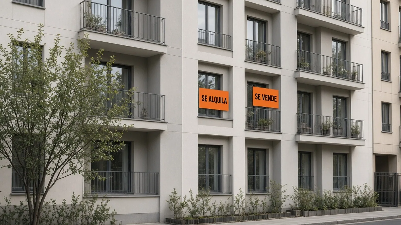 Fachada de un edificio con carteles de se alquila y se vende