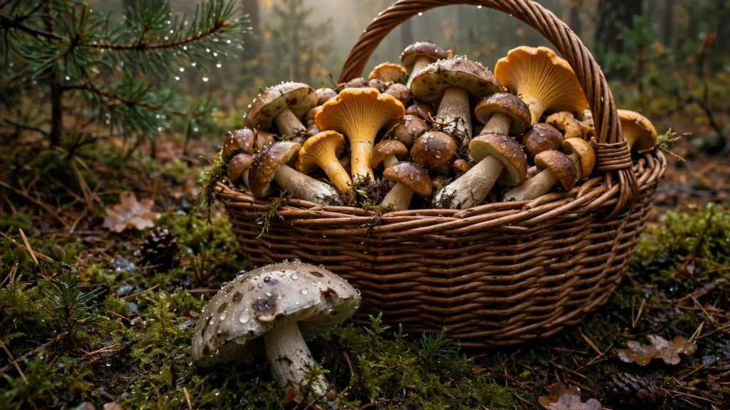 Cesta de mimbre llena de setas silvestres en un bosque de pinos tras la lluvia (imagen ilustrativa)
