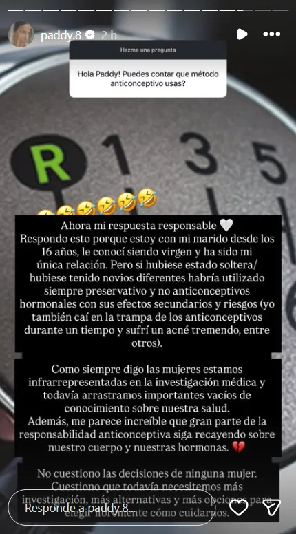 Historia de Instagram de Paddy Noarbe: una palanca de cambios con la marcha atrás marcada y su respuesta sobre anticonceptivos