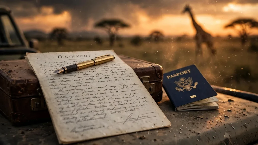 Un testamento manuscrito con una pluma y un pasaporte estadounidense sobre el capó de un todoterreno, con una jirafa en la sabana al atardecer
