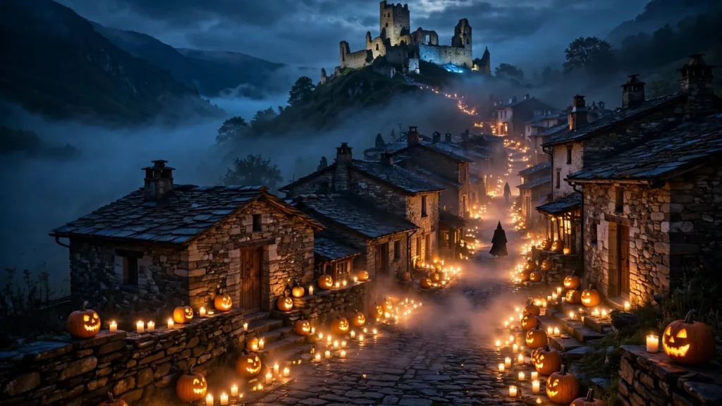 Calles de un pueblo de piedra iluminadas con velas y calabazas de Halloween, con un castillo en ruinas al fondo