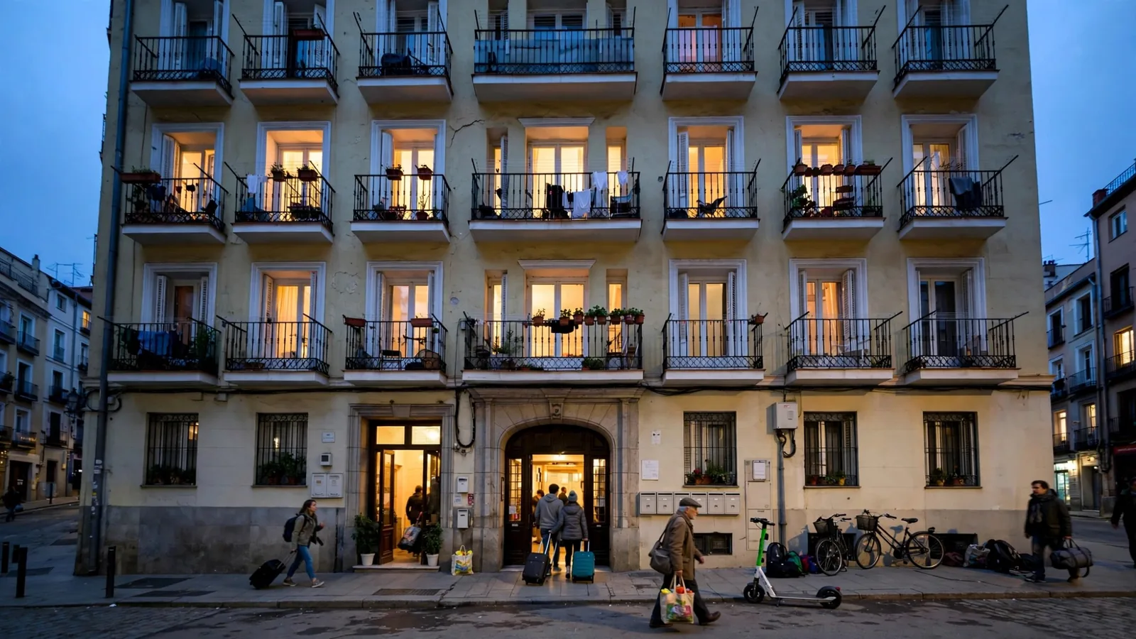 Fachada de un edificio de viviendas al anochecer con viajeros entrando con maletas al portal