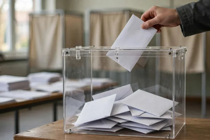 Mano introduciendo un sobre en una urna electoral transparente (imagen ilustrativa)
