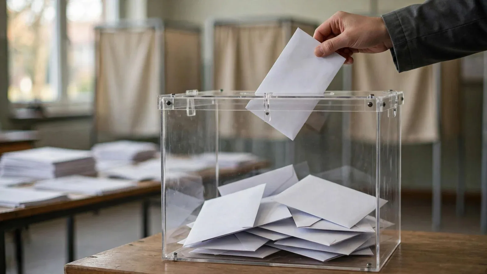 Mano introduciendo un sobre en una urna electoral transparente (imagen ilustrativa)