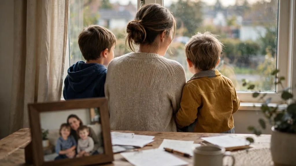 Madre con dos hijos mirando por la ventana, con una foto familiar sobre la mesa